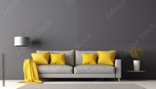 3D rendering of a living room with a gray wall white sofa yellow pillows and a plant