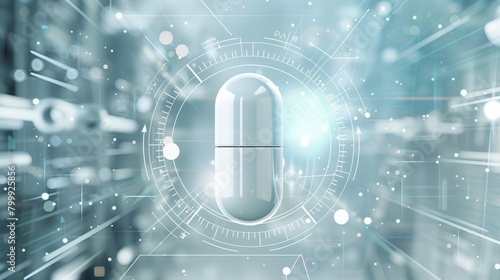 A futuristic depiction of a capsule centered within a complex, light-infused interface, symbolizing advanced technology and pharmaceutical innovation.