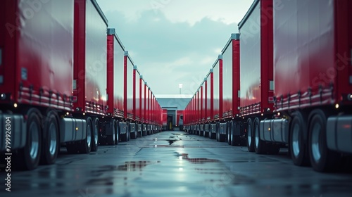Delivery trucks lined up at a distribution center, ready for dispatch across the country. Highly detailed real-world Photography shot.