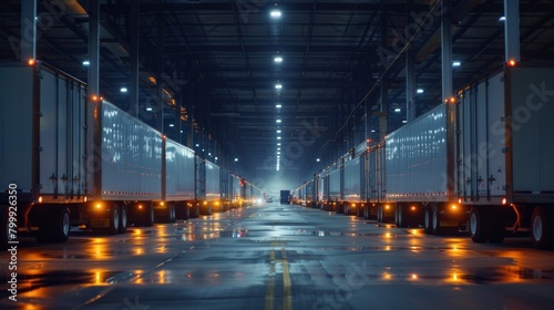 Delivery trucks lined up at a distribution center, ready for dispatch across the country. Highly detailed real-world Photography shot.
