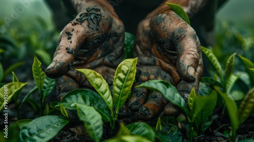 Detailed hands of a worker removing impurities from harvested tea leaves.