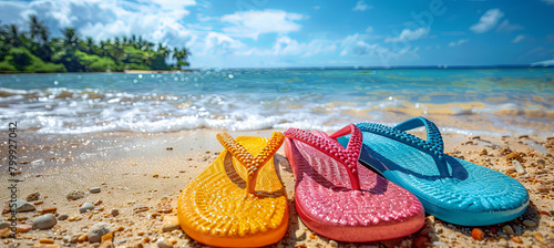 colorful flip flops on the beach tropical background