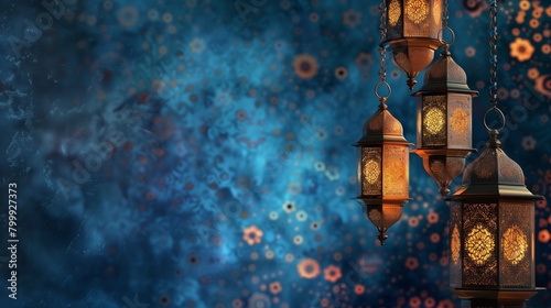 Elegant traditional lanterns glowing against a decorative blue patterned background, symbolizing cultural festivity.