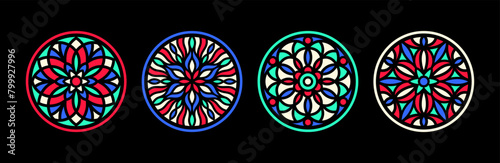 Stained glass vector illustrations collection. Circle shape, stylize medieval flat rose gothic window ornament. Round frames set, radial floral motive patterns. Colorful mandala, mosaic decorations.