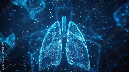 Lungs in a realistic, kinetographic style, featuring blue neon detailed lines and points forming a complex network of arteries and veins. Modern technologies and medicine.