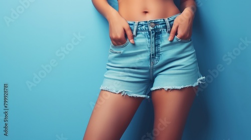 Close-up view of a woman's torso wearing blue denim shorts against a blue background.