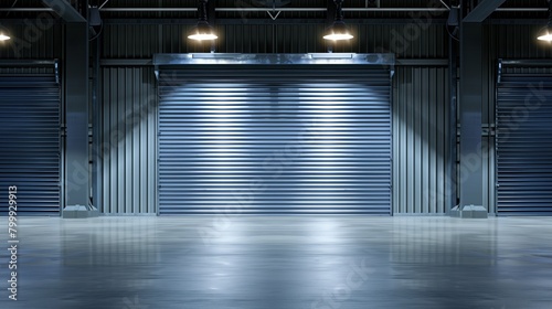 Modern industrial warehouse interior with closed metallic shutters under dim lighting.