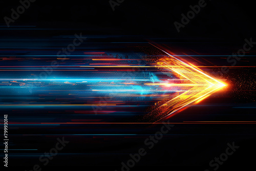 Vivid light trails in a dynamic composition of blue orange and red on a dark background suggesting rapid motion