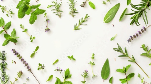 Rosemary, mint, lavender, marjoram, sage, lemon balm and thyme layout. Creative frame with fresh herbs on white background. Top view, flat lay. Healthy eating and alternative medicine concept