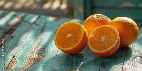 Juicy oranges ona green wooden table with direct sunlight