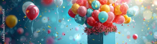 Colorful balloons float through the air.