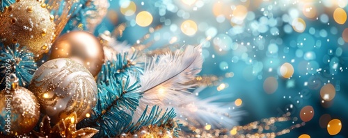 Beautiful Christmas Decorations with Ostrich Feathers. Pastel Blue and Gold Festive Background.