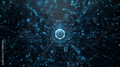 Detailed futuristic digital technology background in shades of neon blue with central shield icon.
