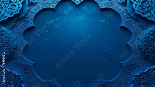 Intricate blue symmetrical design with detailed floral arabesque patterns and a central empty space for text.