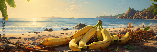 A banana peel lying on the beach, with a few bananas nearby, and a palm tree leaning in, as if trying to grab one.