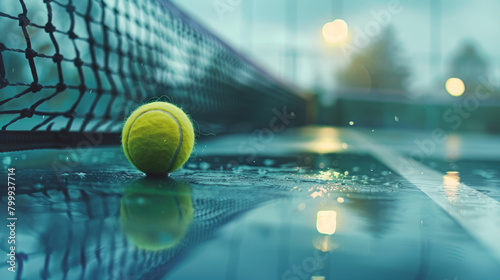 Tennis ball and racket on a net during a cloudy day.