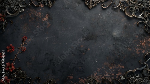 Elegant dark textured background with ornate bronze and black floral baroque elements and red flowers.