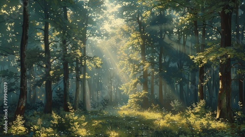 A tranquil forest scene with dappled sunlight filtering through the trees, evoking a sense of renewal and rejuvenation associated with quitting smoking.