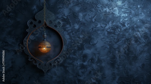 Ornate Ramadan lantern hanging on intricate arabesque frame against a blue textured background.