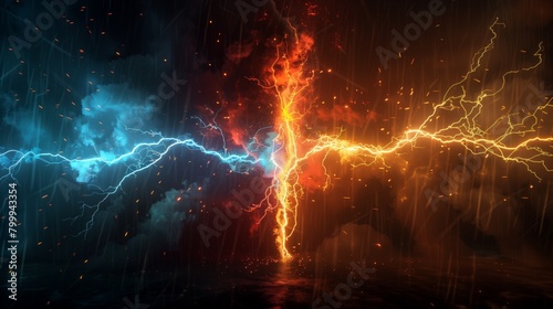 Dynamic digital artwork of blue and red electrical lightning bolts against a dark, stormy background.