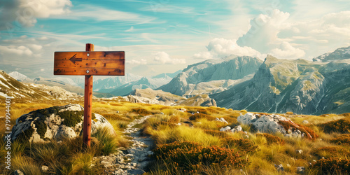 Scenic mountain landscape with a wooden directional signpost on a grassy pathway under a blue sky.