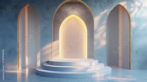 Elegant interior design depicting an arched illuminated alcove with decorative elements and a round minimalist platform.
