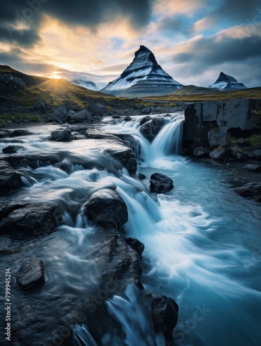 Majestic Icelandic Landscape with Waterfall and Mountains