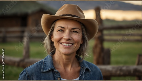 middleaged woman smiling looking at camera portrait with outdoor ranch farm background from Generative AI