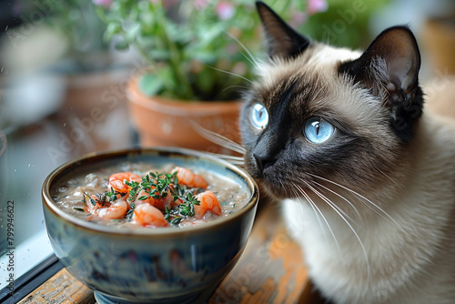 A sleek Siamese cat lapping up a bowl of savory tuna and shrimp wet food.