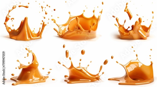 A collection of caramel or honey splashes and droplets on a white background