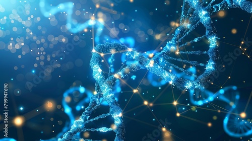 Vibrant abstract background of molecular structures: dna strands, genetic engineering, neural networks, innovation technology - scientific research concept