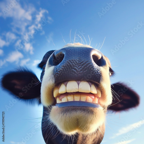 Cute and funny happy cow smile and laugh, closeup of nose and teeth, copy space on blue sky