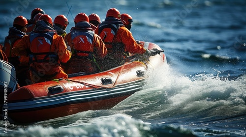 A coastguard speedboat cuts through the waves at high speed during a rescue operation, showcasing urgency and precision. AIG41