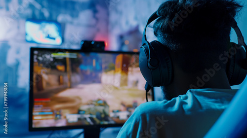 professional young gamer and streaming look at monitor during play shooting game wearing headset in e-sport competition tournament online internet video game computer