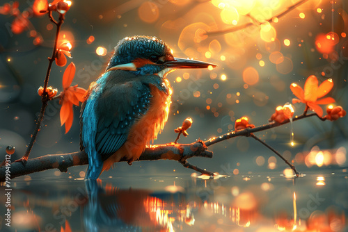 A curious kingfisher perched on a branch over a clear stream, its beady eyes fixed on the glint of fish below.