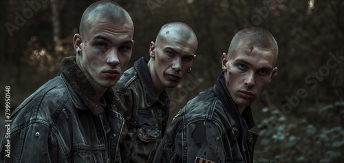 Three bald young men in black leather jackets posing intensely in a dark forest.