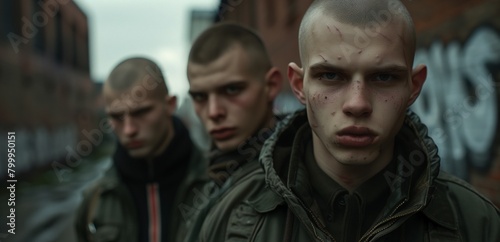 Three serious young men with buzz cuts and military jackets in an urban setting, looking tough.