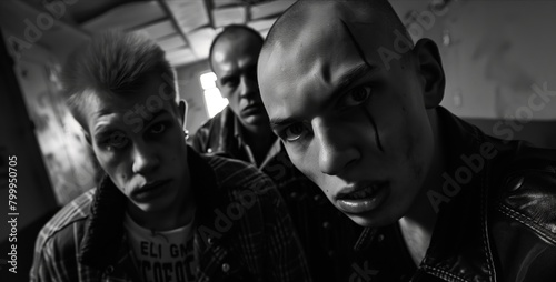 Three intense young men in a dark, grungy setting, exuding a tough demeanor with a focus on expressions.