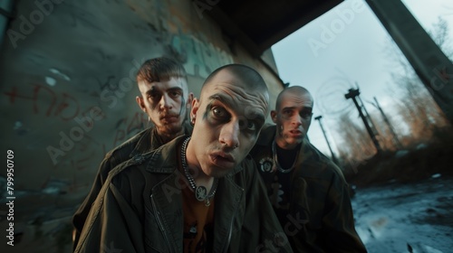 Three young men with intense expressions in a gritty urban setting, covered in tattoos and piercings.
