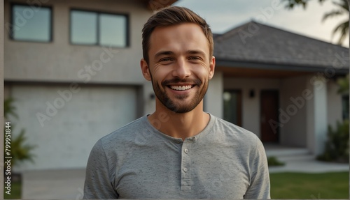 caucasian guy smiling looking at camera portrait with modern luxury house background from Generative AI