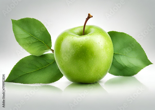 Green apple fruit with green apple half and leaf isolated on white background