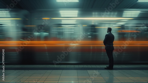 Businessman in a suit waiting on a platform as a motion-blurred train passes by.