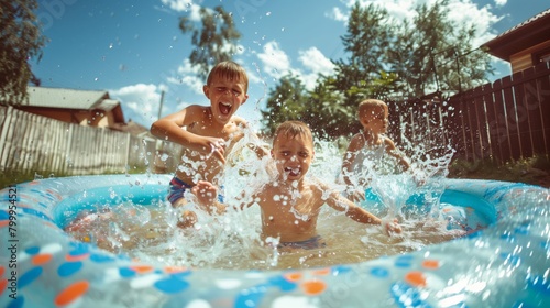 Joyful children playing in a small inflatable pool, splashing water and having fun on a sunny day.