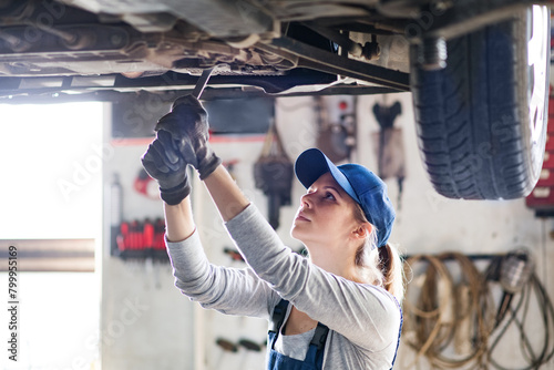 Female auto mechanic elevating car on car lift, working underneath. Beautiful woman working in a garage, wearing blue coveralls.