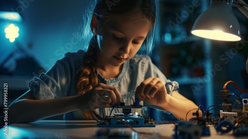 Young girl focused on assembling an electronic circuit in a dimly lit room.