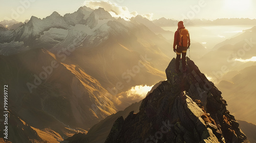 standing on cliff backpack admiring mountain peak Hiker at sunset on the Langdale pikes in the Lake District.