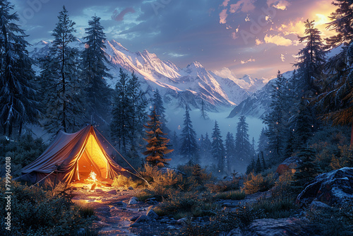 A cozy tent nestled among tall pine trees, with a flickering campfire casting a warm glow on the surrounding forest.