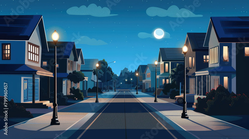Street in suburb district with residential house at night 