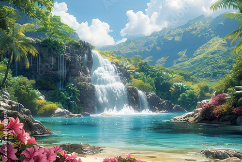 A hidden waterfall tucked away in a lush jungle, surrounded by vibrant tropical foliage.