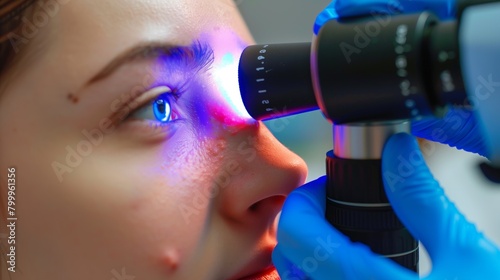 Close-up image of a dermatologist examining a patient胢s face with a dermatoscope.